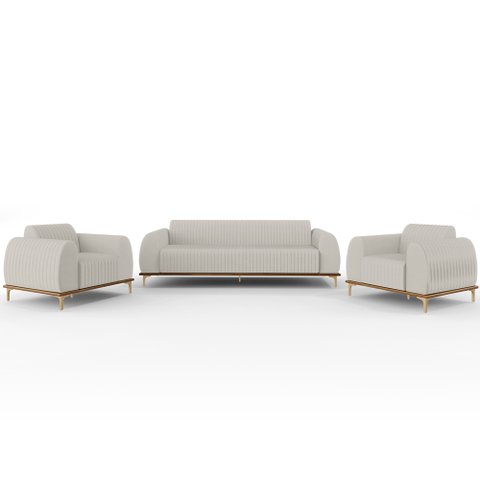 Kit Sofá 3 Lugares 210cm com 2 Poltronas Molino Pés D'ouro D02 Linho Cru C-443 - Lyam Decor
