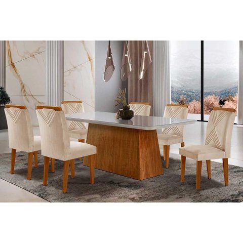 Sala de Jantar Completa Luna Tampo Madeirado C- Vidro Canto Reto 180x90 e 6 Cadeiras Amsterdã