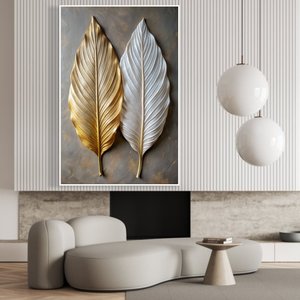 Quadro Decorativo Folhas Abstratas 3d Dourado Branco Sala Quarto Casa Escritório