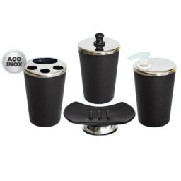 Kit Banheiro Aço Inox Lavabo Decorado 4 Peças Saboneteira:Preto - 7