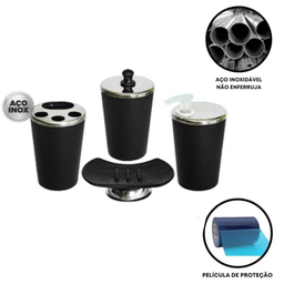 Kit Banheiro Aço Inox Lavabo Decorado 4 Peças Saboneteira:Preto - 2