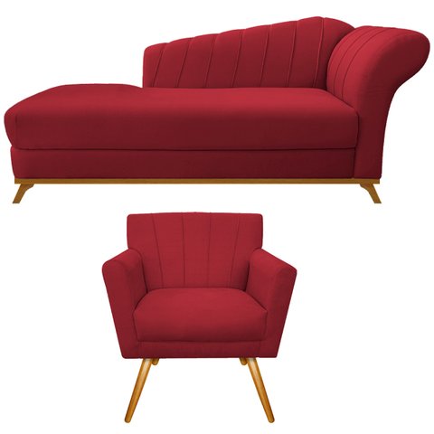 Kit Diva Recamier Vanessa 185cm Lado Esquerdo e 01 Poltrona Laura Suede Doce Sonho Móveis Vermelho