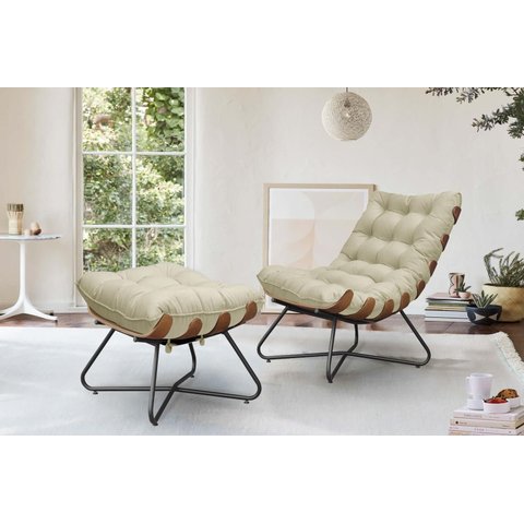 Poltrona Costela com Puff Eva Base Preto Madeira - Veludo Bege