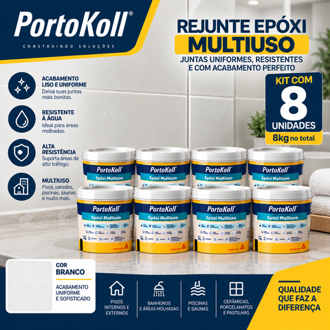 Kit 8 Rejunte Multiuso Epóxi Branco Porto Koll 1kg