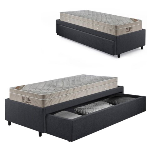Base Box Cama Solteiro Sapateira Linho Cinza e Colchão Airtech Ortobom 88x188