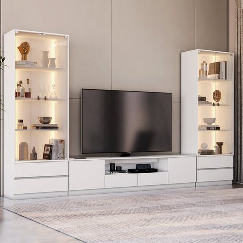 Estante para TV e Home Theater até 84 Polegadas com LED 100% MDF 340cmx200cm 2 Cristaleiras com Led Liz YesCasa