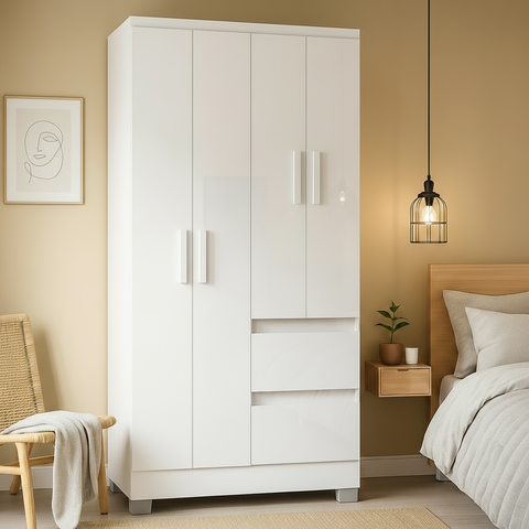 Guarda Roupa Solteiro 4 Portas 2 gavetas BrancoMDP Nápoles Poquema Móveis