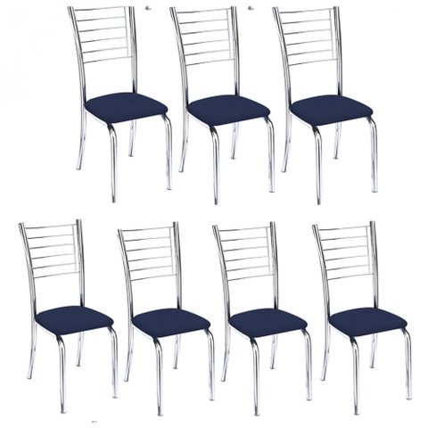 Kit 7 cadeiras Lara cromada para cozinha-Corino azul-Gat Magazine