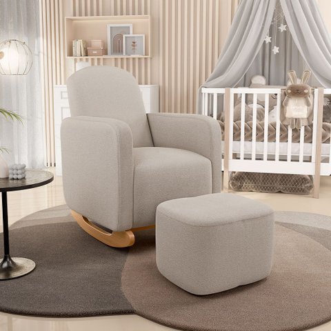 Poltrona de Amamentação com Balanço e Puff Orgânico Saori W01 Bouclê Creme - Lyam Decor