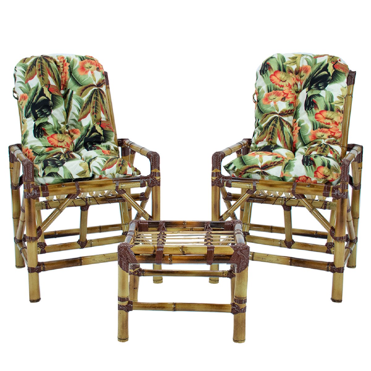 2 Cadeiras de Bambu + 1 Mesa de Centro Área Interna e Externa - Floral T12 - 1