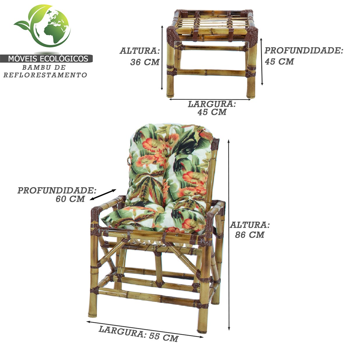 2 Cadeiras de Bambu + 1 Mesa de Centro Área Interna e Externa - Floral T12 - 3