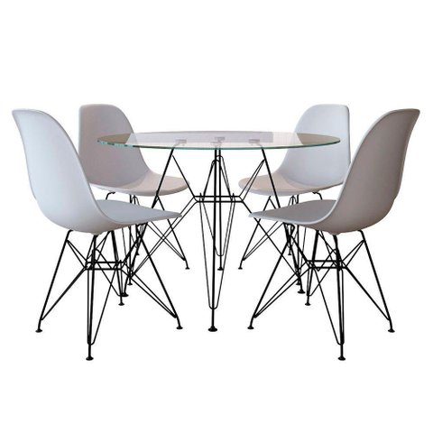 Mesa Jantar De Ferro Preto Tampo Redondo 90Cm Vidro 4 Cadeiras Brancas