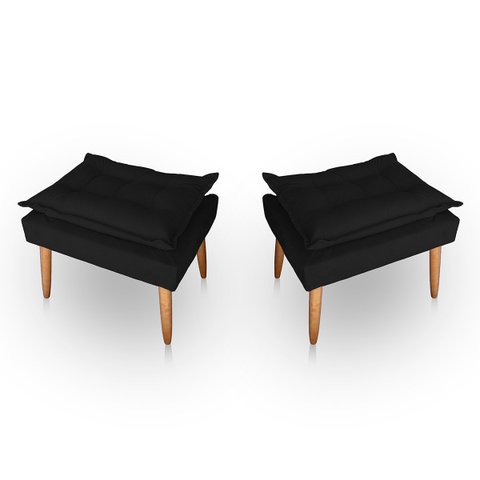 Kit 02 Puff para Sala e Quarto Madeira Decorativo Opala Suede Preto