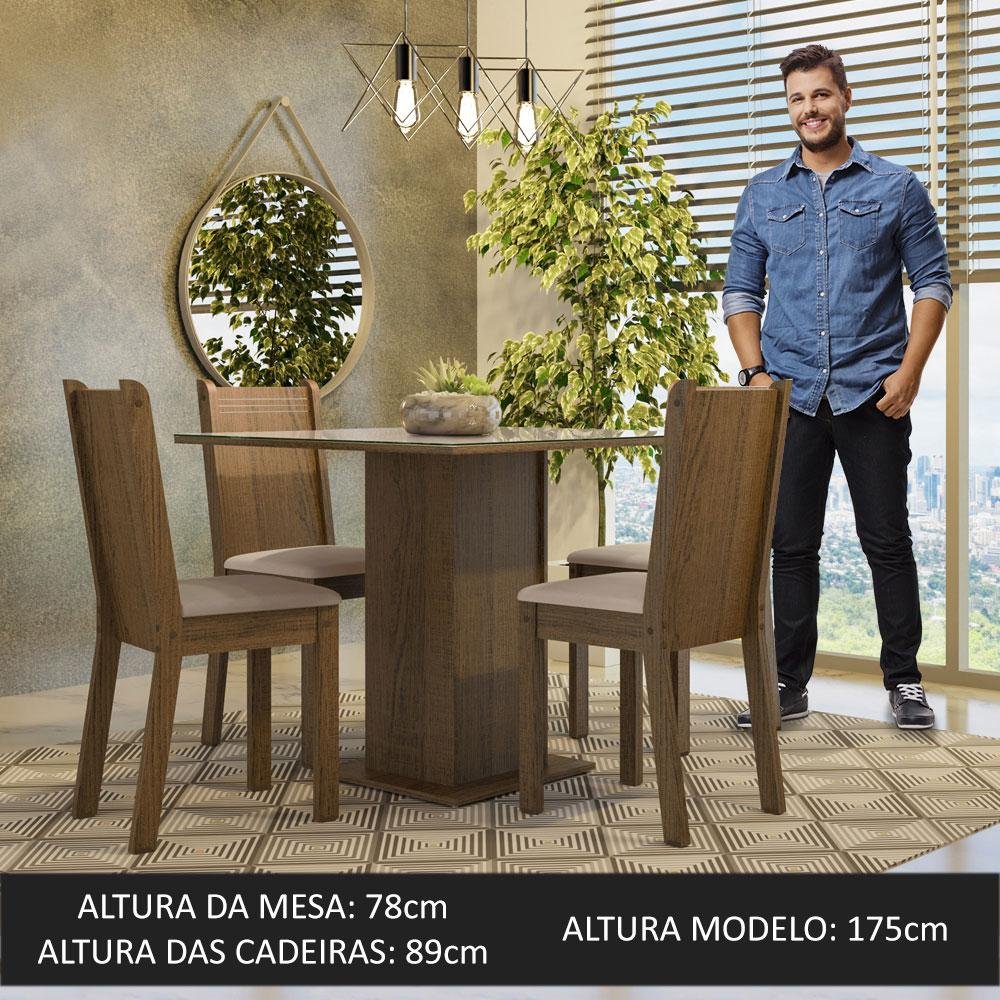 Conjunto Sala de Jantar Mesa Tampo de Vidro 4 Cadeiras Rustic/crema/sintético Bege Perla Madesa - 4