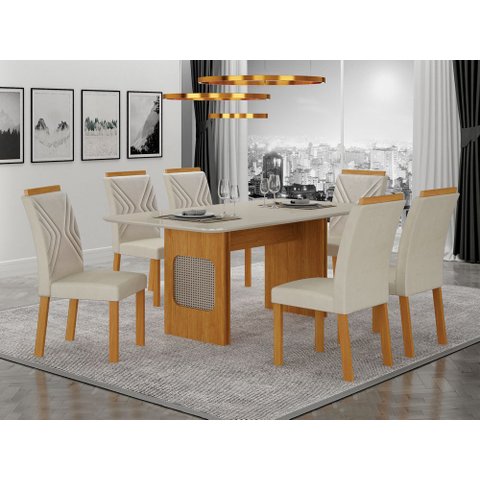 Conjunto Sala de Jantar Lara 1,80m com 6 Cadeiras Clara Plus Cinamomo/Off White/Joli Palha