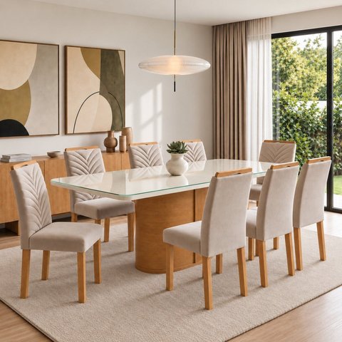 Conjunto Sala de Jantar 8 Lugares Retangular Tampo Vidro/MDF 200x90cm Mesa Diana e Cadeiras Carol