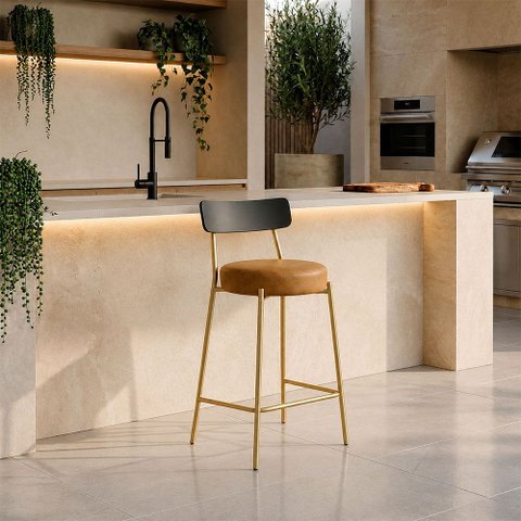 Banqueta Cozinha Alta Encosto Preto Industrial Dourado Londrina PU D03 - D'Rossi