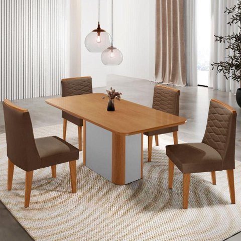 Mesa de Jantar Isadora 120cm Tampo MDF Laminado 4 Cadeiras Eloise Veludo Marrom Naturale Off White