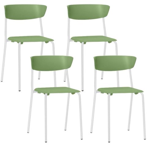 Kit 04 Cadeiras Empilhável Fixa Atom F02 Base Aço Branco Verde - Lyam Decor