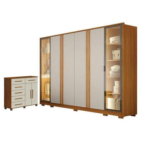 Guarda Roupa Casal Prime 6 Portas com Led com Cômoda São Paulo 6 Gavetas 2 Portas Cinamomo Off White