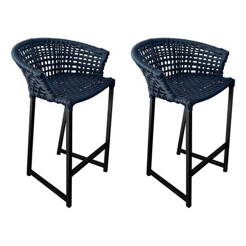 Banqueta Reis em Corda Náutica e Base em Alumínio Preta para Área Gourmet Externa Preta