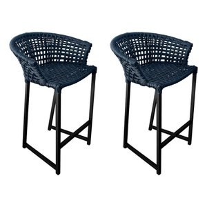 Banqueta Reis em Corda Náutica e Base em Alumínio Preta para Área Gourmet Externa Preta