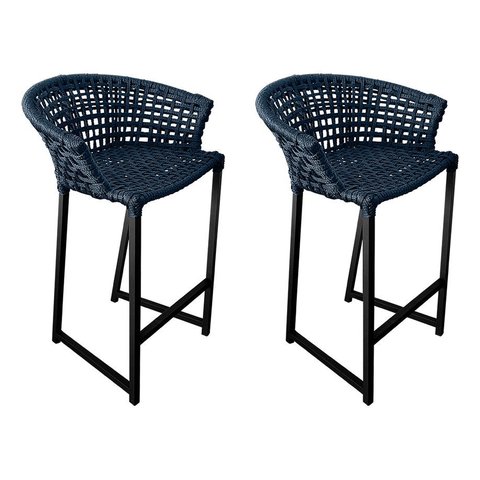 Banqueta Reis em Corda Náutica e Base em Alumínio Preta para Área Gourmet Externa Preta