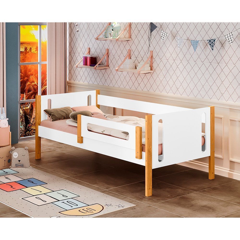 Cama Babá Infantil Mirela com Grade Proteção - Branco e Mel