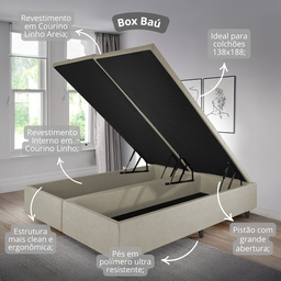 Cama Box Baú Casal Bipartido 138x188x42cm Courino Linho com Pistão a Gás - 7