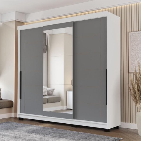 Roupeiro Lisboa 3 Portas de Correr com Espelho 217x213cm Branco/Cinza 240856