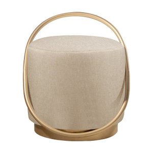 Puff Redondo Lunar em Linho e Base Metal Dourado Agarb Decor:linho Bege Claro