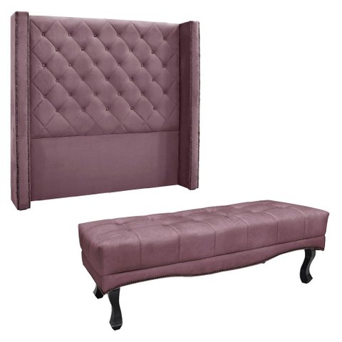 Kit Cabeceira e Calçadeira Recamier Casal 1,40m Vicenza Veludo Uva - Pallazio