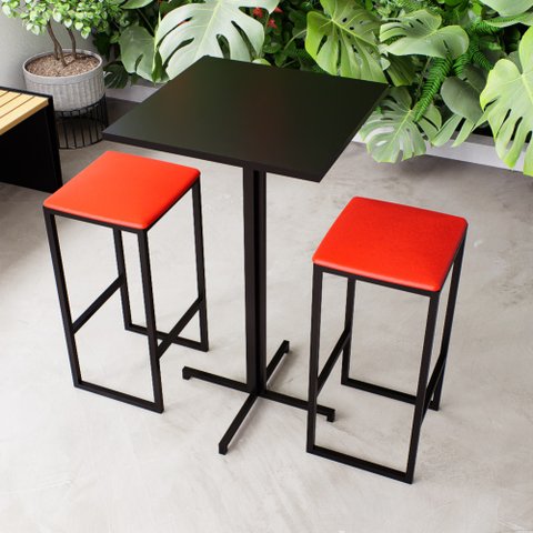 Conjunto Mesa Alta Bar Bistrô Quadrada Preta 2 Bancos Estofado Don Castro Decor