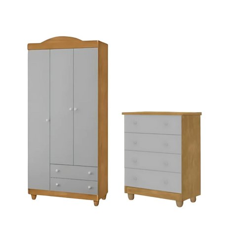 Conjunto Lara Cômoda e Roupeiro Premium Design Minimalista:nature Cinza