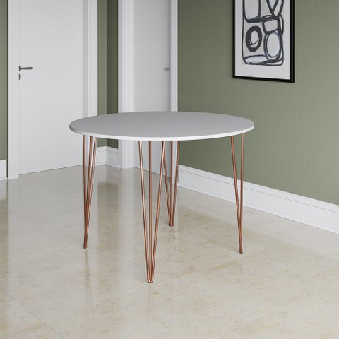 Mesa Jantar Redonda Branca Hairpin 110cm Elen Base Cobre