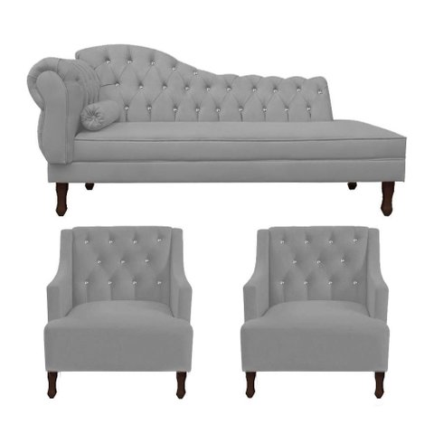 Kit Divã Cancun 140cm Braço Direito + 2 Poltronas Genesis com Strass Suede: Cinza