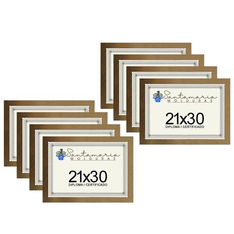 Kit 8 Molduras Porta Diploma Certificado A4 21x30 Dourado
