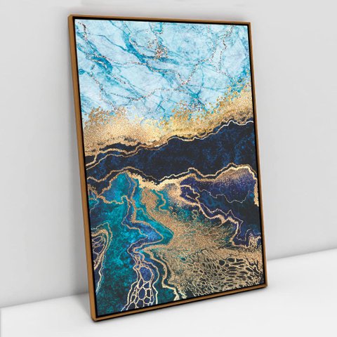 Quadro Decorativo em Canvas Abstrato Mármore Azul Profundo TaColado Moldura Flutuante 4,5cm Freijó 9