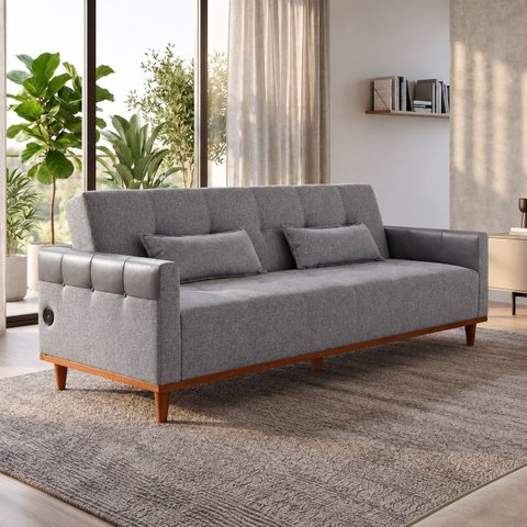 Sofá Cama Casal Duo 3 Lugares 2,09m Linho com USB e Courino - Cinza | Courino
