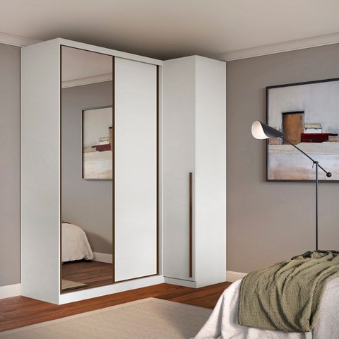 Guarda Roupa de Canto Porta de Correr com Espelho 3 Portas Mdf Altezza Trend Belmax:branco