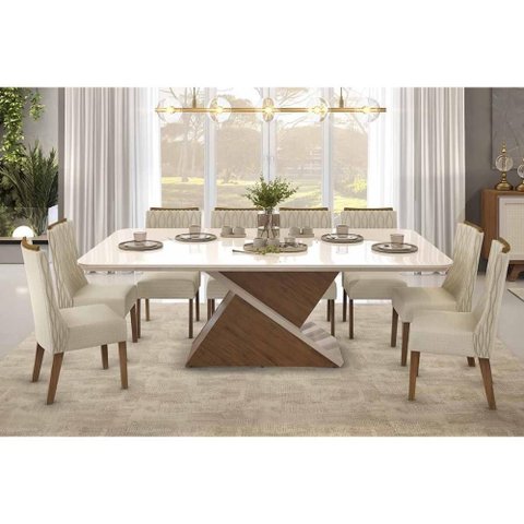 Conjunto: Mesa Sala Jantar Zafira C/ Tampo Madeirado C/ Vidro 200x100cm e 8 Cadeiras Jade Freijo/off