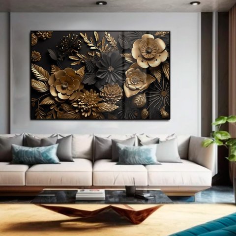 Quadro Decorativo Floral Luxo Flores Preto e Dourado em Moldura Caixa Tacolado Moldura Trad 1cm Pret