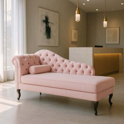 Chaise Recamier 150 Cmem Veludo Pés Luis Xv Capitonê de Luxo