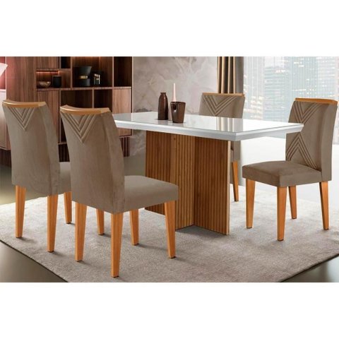 Sala de Jantar Completa Berlim C- Tampo Madeirado Vidro Canto Curvo 120x80cm e 4 Cadeiras Amsterdã