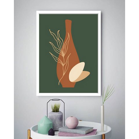 Quadro Decorativo Abstrato Vaso Ramo Verde - 70x50cm:moldura Branca