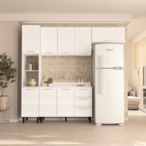 Cozinha Amara 4 Peças 240x224,5cm Armários Aéreos Paneleiro Balcão com Tampo Branco 250090