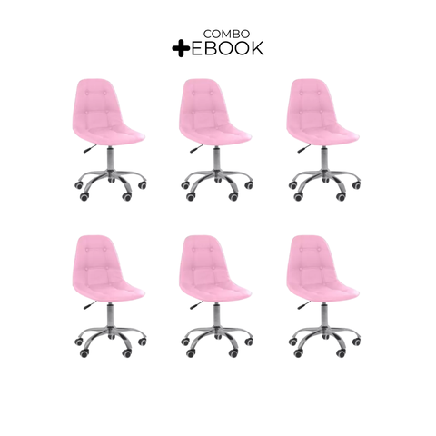 Kit 6 Cadeiras Office Botonê Giratória Ergonômica para Escritório Rosa