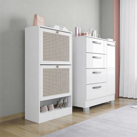 Kit Cômoda Elena e Sapateira 2 Portas Branca Poquema