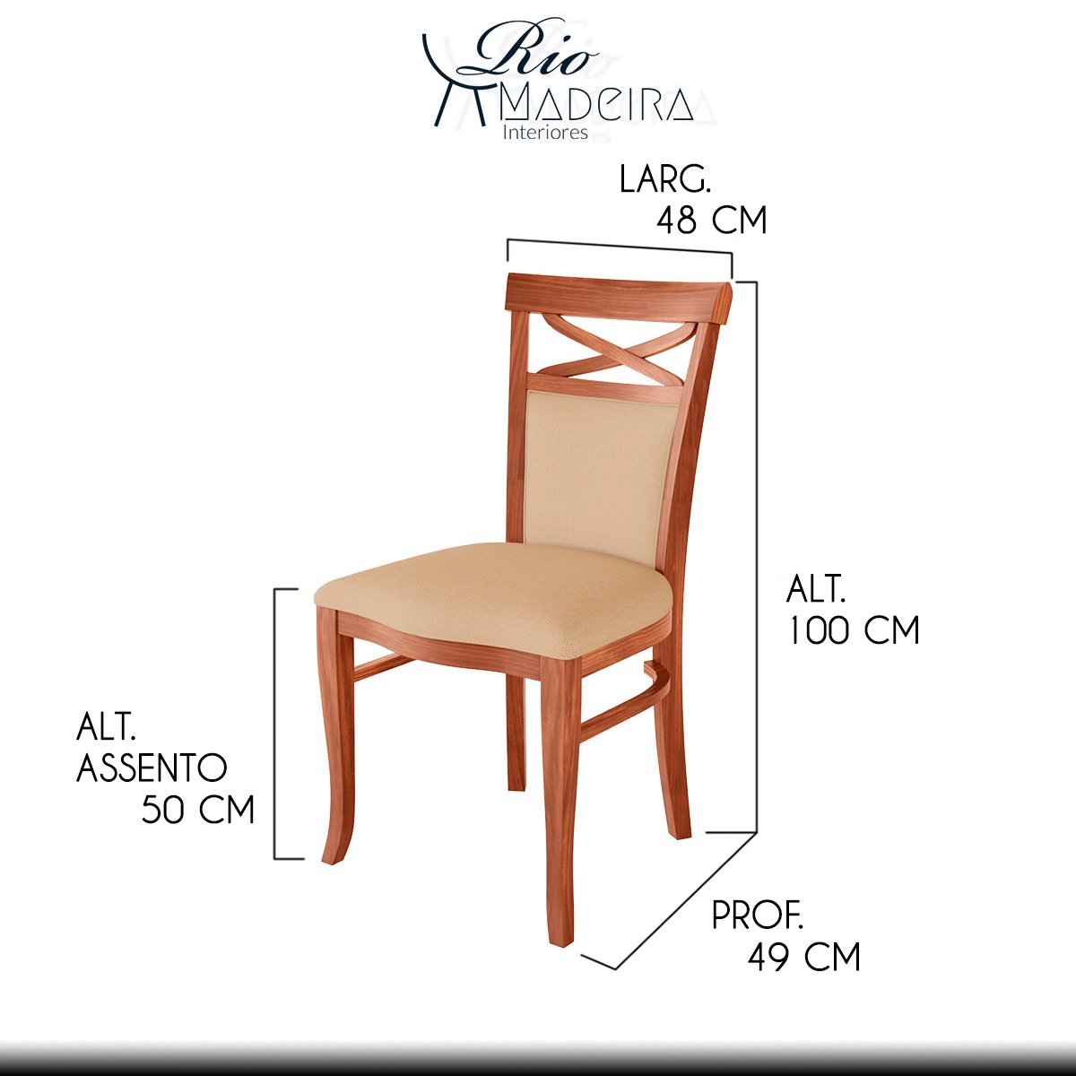 Cadeira de Jantar Estofada Copacabana 48 x 100 Cm Madeira Maciça Imbuia Linho Bege M43 - RMI - 2