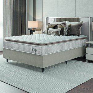Cama Box Colchão Casal Molas Ensacadas City Pillow Top 138x188x61cm Branco / Bege Hellen